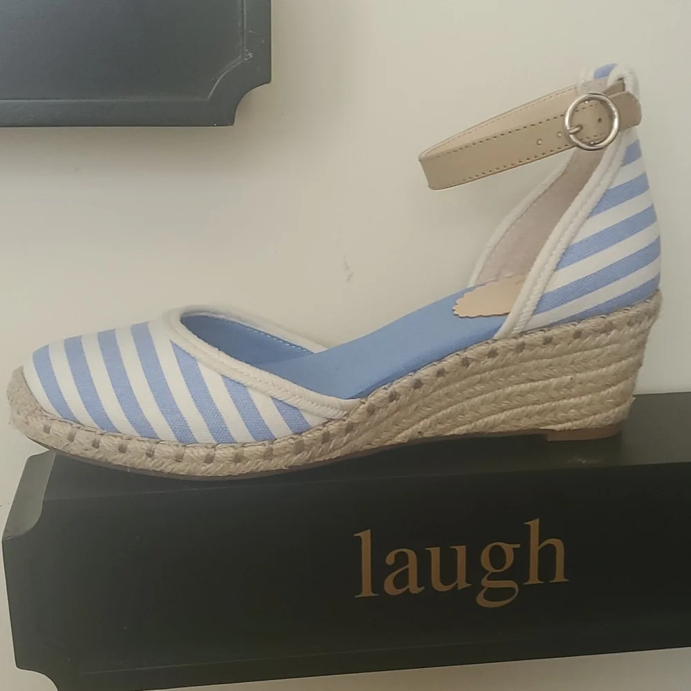 Crown & Ivy Nautical Blue White Stripe Espadrille Wedge - Picture 3 of 11